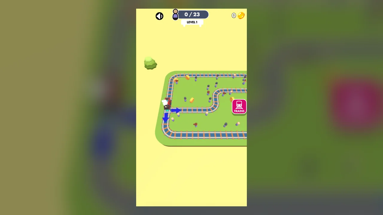 Train Master starting level with passengers, coins and directional arrows